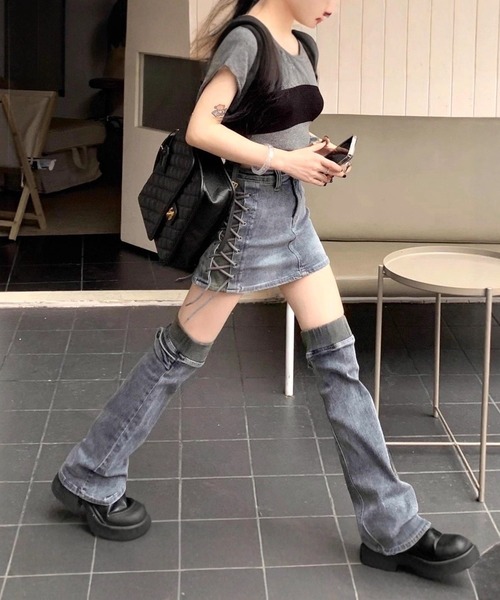 inst.ALL(インストール)の「レッグカバー付きサイドレースアップデニムミニスカート(デニムスカート・レディース・ブルー・S/M/L)」の2枚目の写真