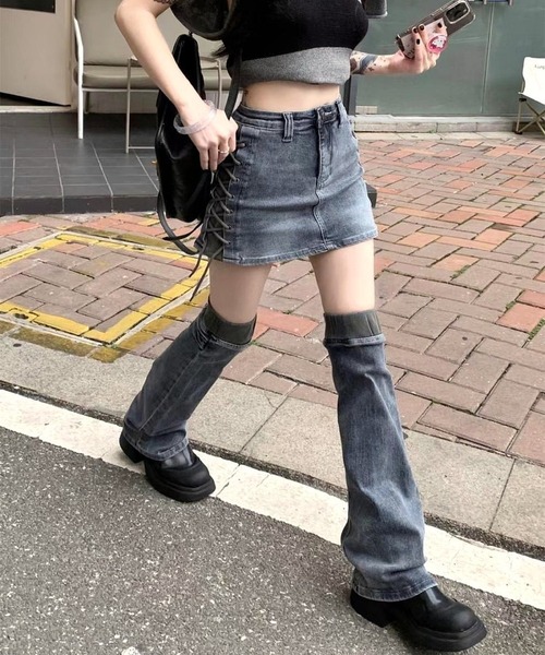 inst.ALL(インストール)の「レッグカバー付きサイドレースアップデニムミニスカート(デニムスカート・レディース・ブルー・S/M/L)」の3枚目の写真