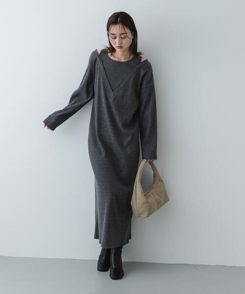 SENSE OF PLACE by URBAN RESEARCH（センスオブプレイスバイアーバンリサーチ）の「レイヤードネックリブワンピース（ワンピース・レディース・オートミール/ブラック/チャコールグレー・S/ONE）」の3枚目の写真