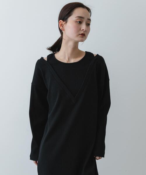 SENSE OF PLACE by URBAN RESEARCH（センスオブプレイスバイアーバンリサーチ）の「レイヤードネックリブワンピース（ワンピース・レディース・オートミール/ブラック/チャコールグレー・S/ONE）」の4枚目の写真