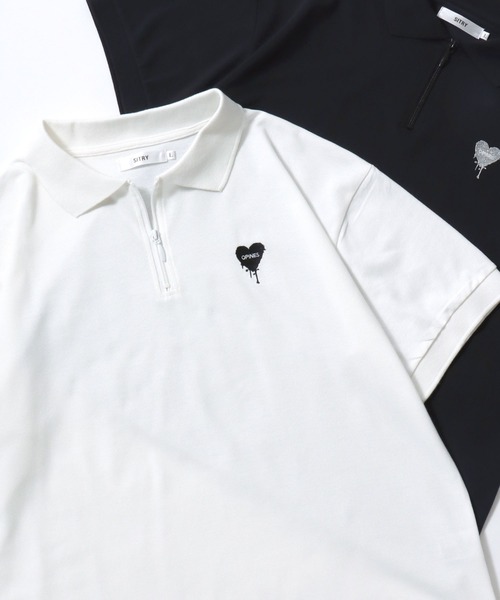 SITRY（シトリー）の「SITRY Heart Embroidery Half Zip Polo Shirt/別注 オーバーサイズ ハートロゴ ワンポイントラメ刺繍 ハーフジップ 半袖ポロシャツ レディース メンズ（ポロシャツ・レディース・チャコール/ネイビー/グリーン系その他/ブルー系その他/ホワイト/ブラウン/グリーン/ホワイト系その他/レッド系その他/ブラック/ワイン/グレー系その他/ブラウン系その他/ブラック系その他・M/L/XL）」の3枚目の写真