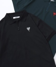 SITRY | SITRY Heart Embroidery Half Zip Polo Shirt/別注 オーバーサイズ ハートロゴ ワンポイントラメ刺繍 ハーフジップ 半袖ポロシャツ レディース メンズ(ポロシャツ)