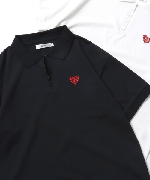SITRY（シトリー）の「SITRY Heart Embroidery Half Zip Polo Shirt/別注 オーバーサイズ ハートロゴ ワンポイントラメ刺繍 ハーフジップ 半袖ポロシャツ レディース メンズ（ポロシャツ・レディース・チャコール/ネイビー/グリーン系その他/ブルー系その他/ホワイト/ブラウン/グリーン/ホワイト系その他/レッド系その他/ブラック/ワイン/グレー系その他/ブラウン系その他/ブラック系その他・M/L/XL）」の4枚目の写真