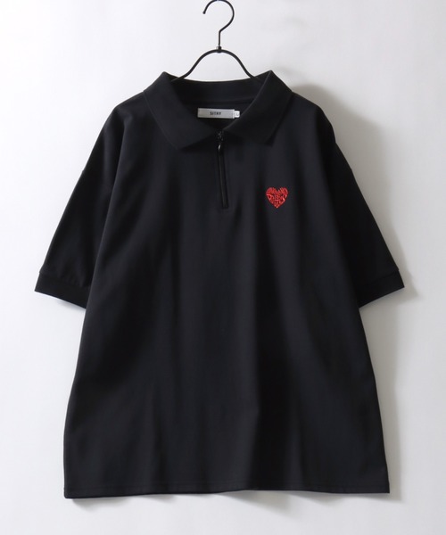 SITRY（シトリー）の「SITRY Heart Embroidery Half Zip Polo Shirt/別注 オーバーサイズ ハートロゴ ワンポイントラメ刺繍 ハーフジップ 半袖ポロシャツ レディース メンズ（ポロシャツ・レディース・チャコール/ネイビー/グリーン系その他/ブルー系その他/ホワイト/ブラウン/グリーン/ホワイト系その他/レッド系その他/ブラック/ワイン/グレー系その他/ブラウン系その他/ブラック系その他・M/L/XL）」の17枚目の写真