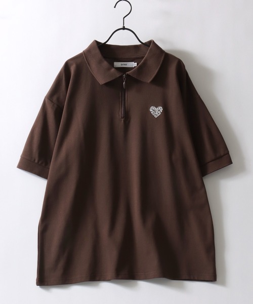 SITRY（シトリー）の「SITRY Heart Embroidery Half Zip Polo Shirt/別注 オーバーサイズ ハートロゴ ワンポイントラメ刺繍 ハーフジップ 半袖ポロシャツ レディース メンズ（ポロシャツ・レディース・チャコール/ネイビー/グリーン系その他/ブルー系その他/ホワイト/ブラウン/グリーン/ホワイト系その他/レッド系その他/ブラック/ワイン/グレー系その他/ブラウン系その他/ブラック系その他・M/L/XL）」の21枚目の写真
