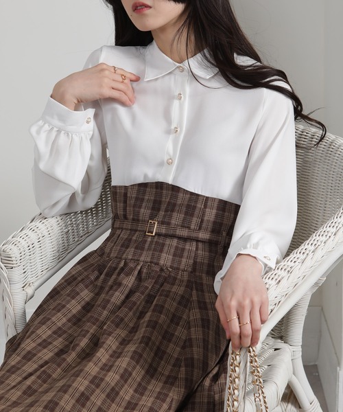 pumpkin port(パンプキンポート)の「シャツ×細ベルト付ハイウエスト ドッキングワンピース(ワンピース・レディース・ベージュ/ブラウン/ブラック・M)」の16枚目の写真