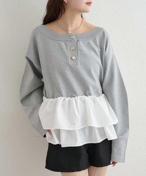 mystic（ミスティック）の「【4色展開◎】ペプラムヘンリーニット（ニット/セーター・レディース・ミント/ブラック/アイボリー/グレー・FREE）」の3枚目の写真