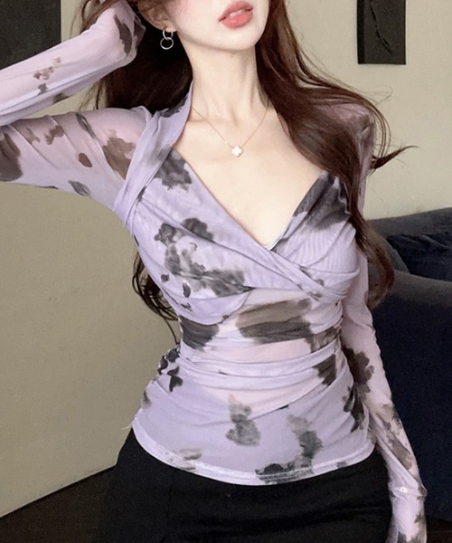 c.u.l(シーユーエル)の「ニュアンスプリント Vネック シアーロンティー カットソー culw907(Tシャツ/カットソー・レディース・パープル・FREE)」の13枚目の写真