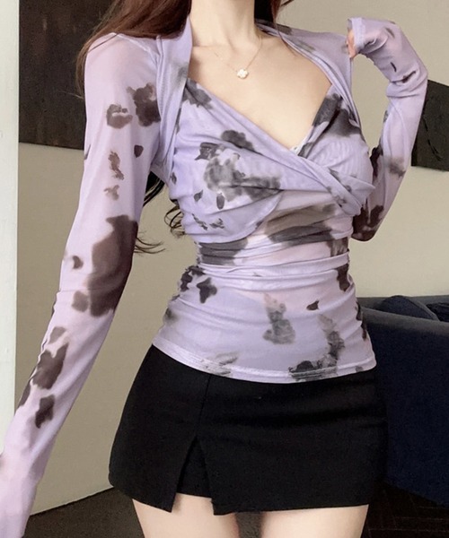 c.u.l(シーユーエル)の「ニュアンスプリント Vネック シアーロンティー カットソー culw907(Tシャツ/カットソー・レディース・パープル・FREE)」の2枚目の写真