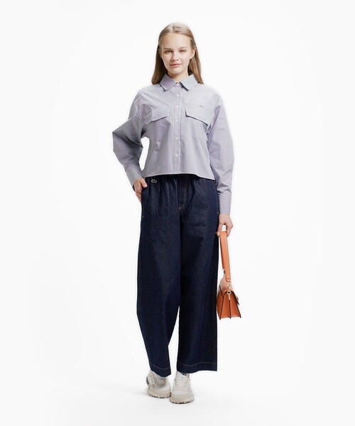 LACOSTE(ラコステ)の「ダブルポケット クロップド丈 ストライプシャツ(シャツ/ブラウス・レディース・セージグリーン/ネイビー・40/36/34/38)」の6枚目の写真