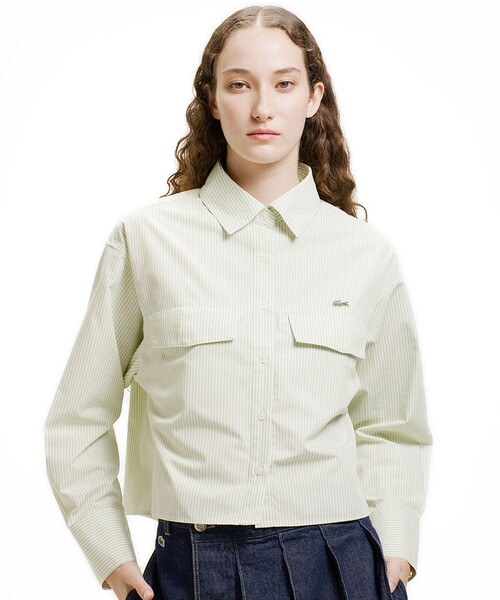 LACOSTE(ラコステ)の「ダブルポケット クロップド丈 ストライプシャツ(シャツ/ブラウス・レディース・セージグリーン/ネイビー・40/36/34/38)」の13枚目の写真