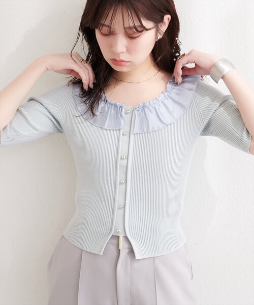セール】異素材フリル半袖ニット（ニット/セーター）｜natural couture
