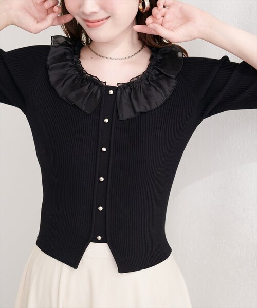 natural couture(ナチュラルクチュール)の「異素材フリル半袖ニット(ニット/セーター・レディース・ピンク/オフホワイト/ブラック/サックスブルー/ミント・FREE)」の3枚目の写真