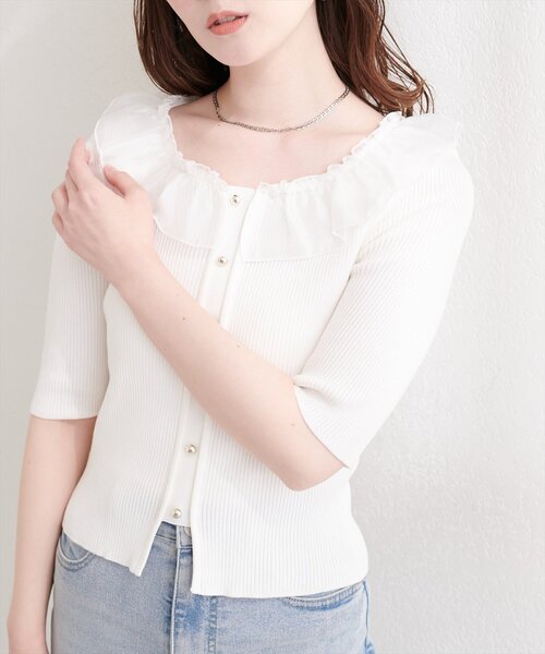 natural couture(ナチュラルクチュール)の「異素材フリル半袖ニット(ニット/セーター・レディース・ピンク/オフホワイト/ブラック/サックスブルー/ミント・FREE)」の17枚目の写真