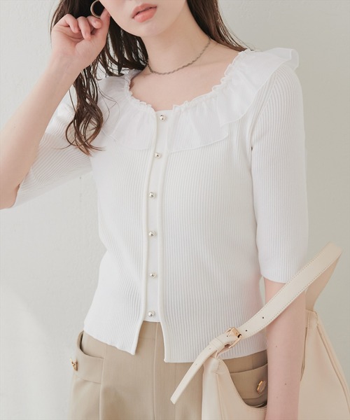 natural couture（ナチュラルクチュール）の「異素材フリル半袖ニット（ニット/セーター・レディース・ピンク/オフホワイト/ブラック/サックスブルー/ミント・FREE）」の2枚目の写真
