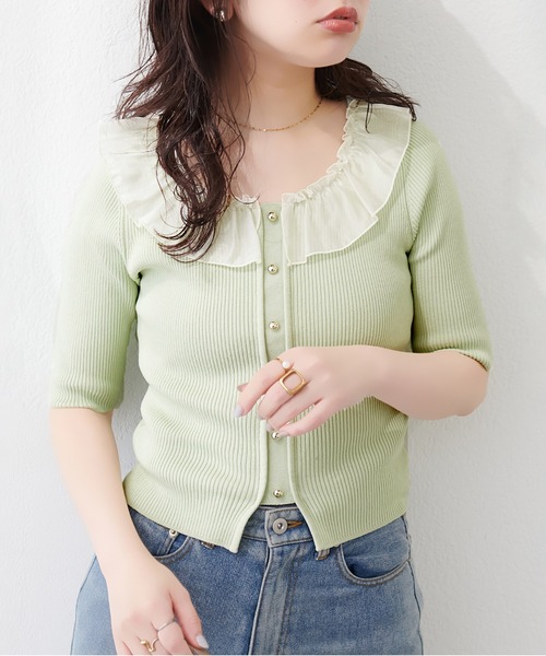 natural couture(ナチュラルクチュール)の「異素材フリル半袖ニット(ニット/セーター・レディース・ピンク/オフホワイト/ブラック/サックスブルー/ミント・FREE)」の6枚目の写真