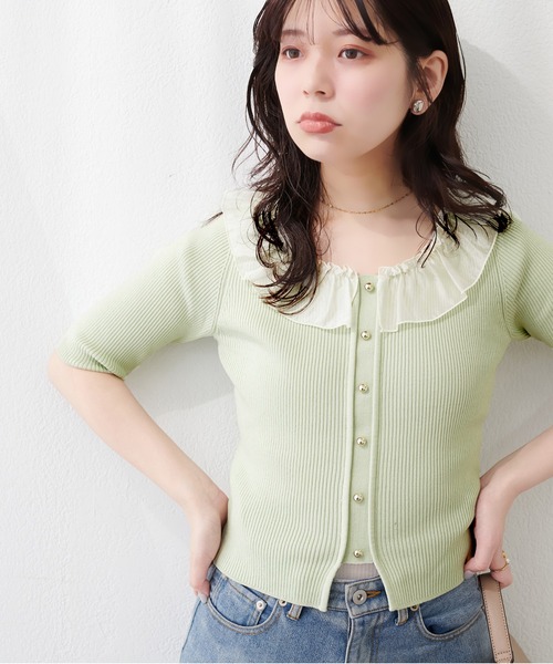 natural couture(ナチュラルクチュール)の「異素材フリル半袖ニット(ニット/セーター・レディース・ピンク/オフホワイト/ブラック/サックスブルー/ミント・FREE)」の7枚目の写真