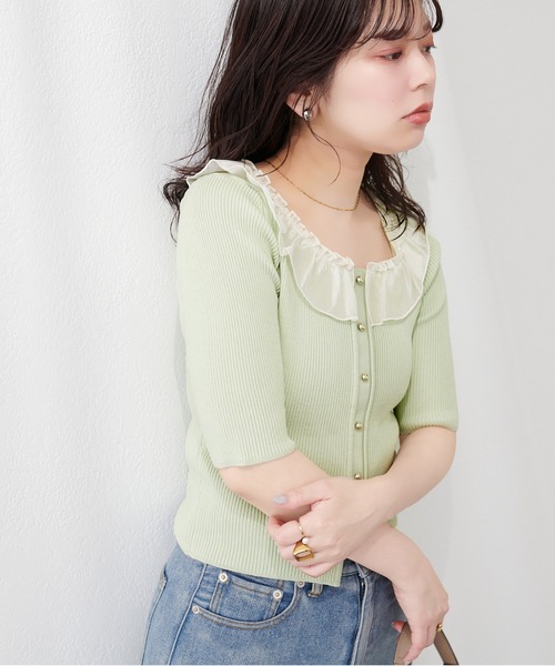 natural couture(ナチュラルクチュール)の「異素材フリル半袖ニット(ニット/セーター・レディース・ピンク/オフホワイト/ブラック/サックスブルー/ミント・FREE)」の8枚目の写真