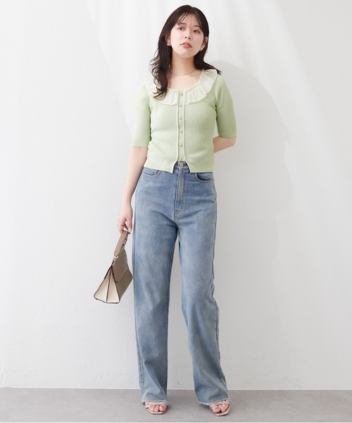 natural couture(ナチュラルクチュール)の「異素材フリル半袖ニット(ニット/セーター・レディース・ピンク/オフホワイト/ブラック/サックスブルー/ミント・FREE)」の9枚目の写真