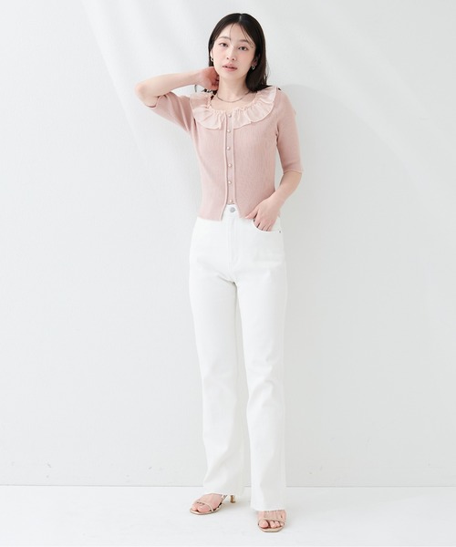 natural couture(ナチュラルクチュール)の「異素材フリル半袖ニット(ニット/セーター・レディース・ピンク/オフホワイト/ブラック/サックスブルー/ミント・FREE)」の10枚目の写真