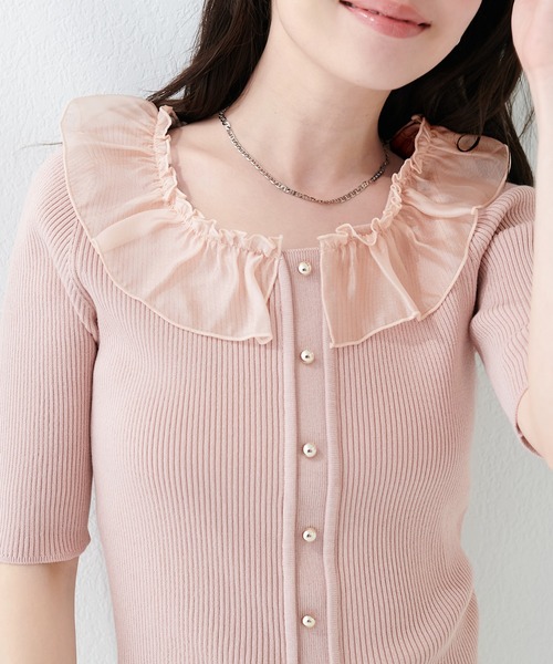 natural couture(ナチュラルクチュール)の「異素材フリル半袖ニット(ニット/セーター・レディース・ピンク/オフホワイト/ブラック/サックスブルー/ミント・FREE)」の11枚目の写真
