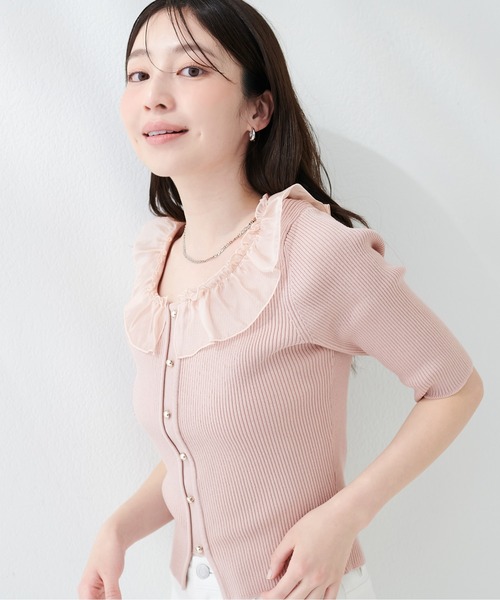 natural couture(ナチュラルクチュール)の「異素材フリル半袖ニット(ニット/セーター・レディース・ピンク/オフホワイト/ブラック/サックスブルー/ミント・FREE)」の12枚目の写真