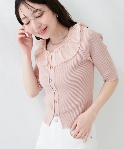 natural couture(ナチュラルクチュール)の「異素材フリル半袖ニット(ニット/セーター・レディース・ピンク/オフホワイト/ブラック/サックスブルー/ミント・FREE)」の13枚目の写真