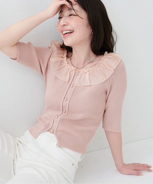 natural couture(ナチュラルクチュール)の「異素材フリル半袖ニット(ニット/セーター・レディース・ピンク/オフホワイト/ブラック/サックスブルー/ミント・FREE)」の15枚目の写真