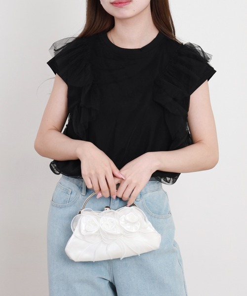 EGLANTINE(エグランティーヌ)の「EGLANTINE チュール重ねフレンチカットソー(Tシャツ/カットソー・レディース・ブラック/オフホワイト/グレー・38)」の2枚目の写真