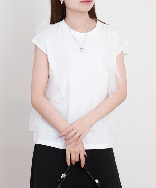 EGLANTINE(エグランティーヌ)の「EGLANTINE チュール重ねフレンチカットソー(Tシャツ/カットソー・レディース・ブラック/オフホワイト/グレー・38)」の6枚目の写真