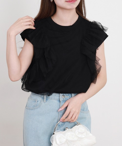 EGLANTINE(エグランティーヌ)の「EGLANTINE チュール重ねフレンチカットソー(Tシャツ/カットソー・レディース・ブラック/オフホワイト/グレー・38)」の11枚目の写真