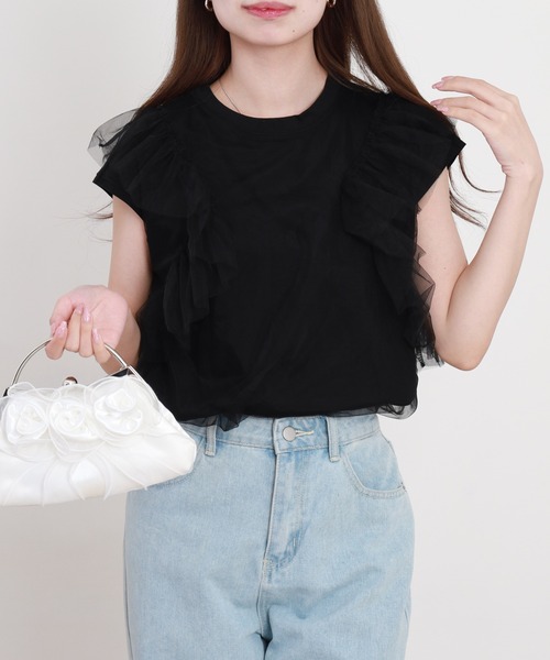 EGLANTINE(エグランティーヌ)の「EGLANTINE チュール重ねフレンチカットソー(Tシャツ/カットソー・レディース・ブラック/オフホワイト/グレー・38)」の12枚目の写真