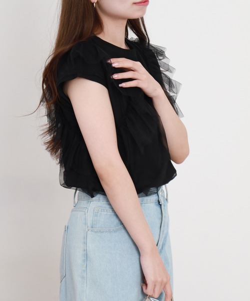 EGLANTINE(エグランティーヌ)の「EGLANTINE チュール重ねフレンチカットソー(Tシャツ/カットソー・レディース・ブラック/オフホワイト/グレー・38)」の14枚目の写真