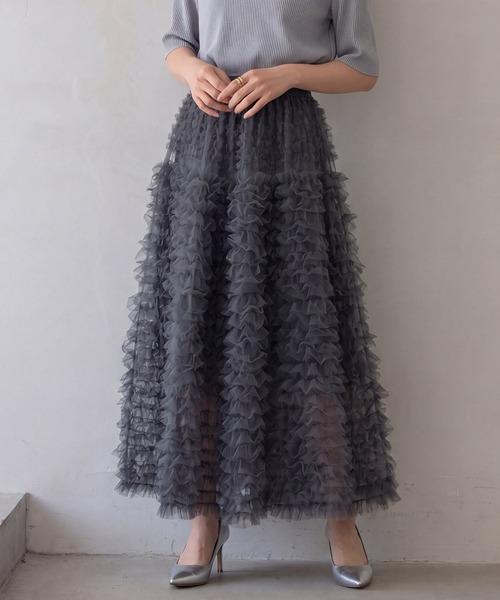 DRESS PLUS(ドレスプラス)の「フリルスカート ロングスカート 可愛い(スカート・レディース・ピンク/ブラック/グレー/オフホワイト・M)」の2枚目の写真