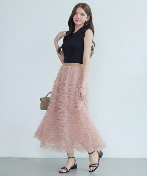DRESS PLUS(ドレスプラス)の「フリルスカート ロングスカート 可愛い(スカート・レディース・ピンク/ブラック/グレー/オフホワイト・M)」の4枚目の写真