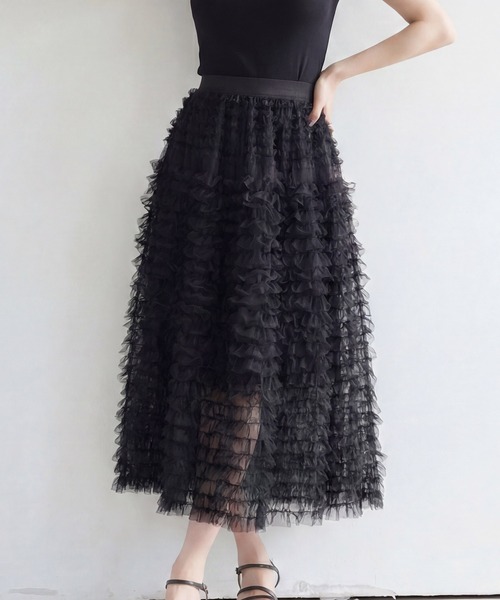 DRESS PLUS(ドレスプラス)の「フリルスカート ロングスカート 可愛い(スカート・レディース・ピンク/ブラック/グレー/オフホワイト・M)」の1枚目の写真