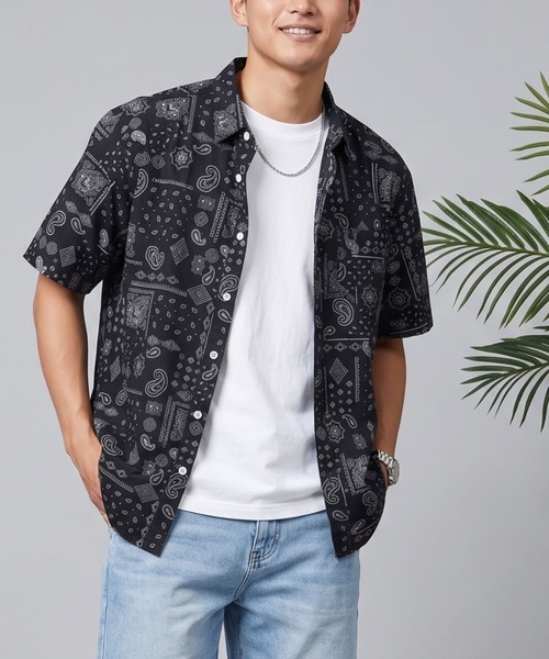 HANGTEN(ハンテン)の「【HANGTEN/ハンテン】総柄プリント半袖シャツ(シャツ/ブラウス・メンズ・ブラック/エメラルド/ブラウン/ホワイト・X-LARGE/LARGE/MEDIUM)」の1枚目の写真