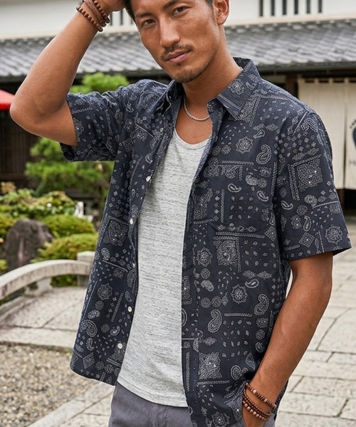 HANGTEN(ハンテン)の「【HANGTEN/ハンテン】総柄プリント半袖シャツ(シャツ/ブラウス・メンズ・ブラック/エメラルド/ブラウン/ホワイト・X-LARGE/LARGE/MEDIUM)」の12枚目の写真