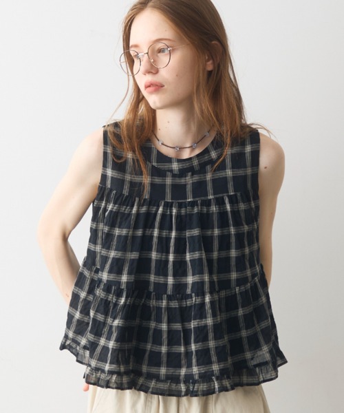 Crisp(クリスプ)の「back ribbon check gather blouse / バックリボンチェックギャザーブラウス(シャツ/ブラウス・レディース・アイボリー/ブラック・FREE)」の1枚目の写真