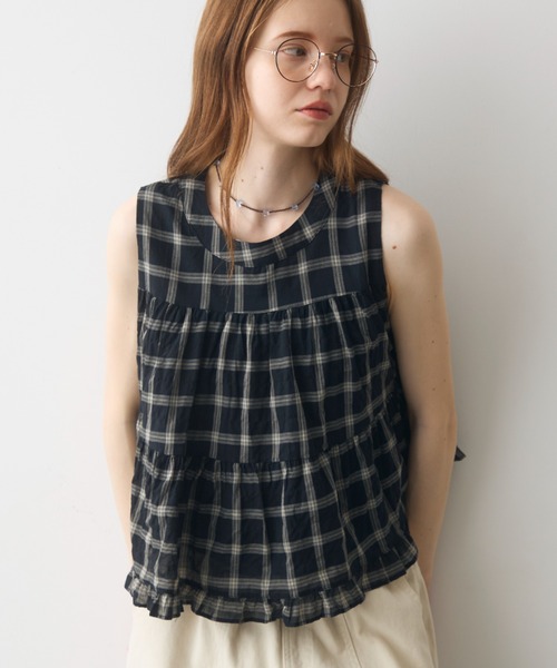Crisp(クリスプ)の「back ribbon check gather blouse / バックリボンチェックギャザーブラウス(シャツ/ブラウス・レディース・アイボリー/ブラック・FREE)」の3枚目の写真