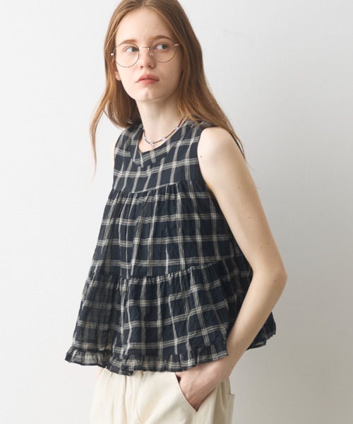 Crisp(クリスプ)の「back ribbon check gather blouse / バックリボンチェックギャザーブラウス(シャツ/ブラウス・レディース・アイボリー/ブラック・FREE)」の4枚目の写真