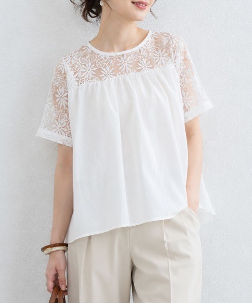 mielu(ミエル)の「切替レースフレアブラウス(シャツ/ブラウス・レディース・ホワイト/ブラック・LARGE/MEDIUM)」の1枚目の写真