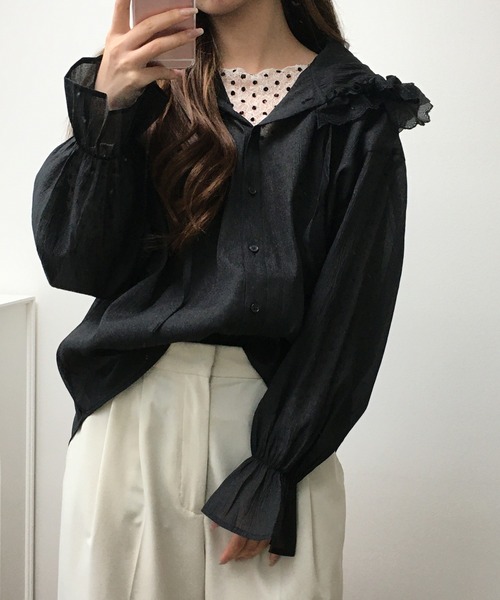 atONE(アットワン)の「オーガン刺繍フリルフードシャツ 長袖(シャツ/ブラウス・レディース・ブラック/オフホワイト・F)」の11枚目の写真