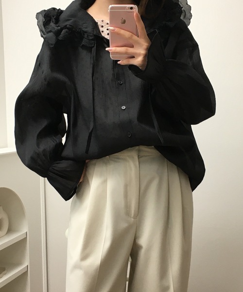 atONE(アットワン)の「オーガン刺繍フリルフードシャツ 長袖(シャツ/ブラウス・レディース・ブラック/オフホワイト・F)」の12枚目の写真