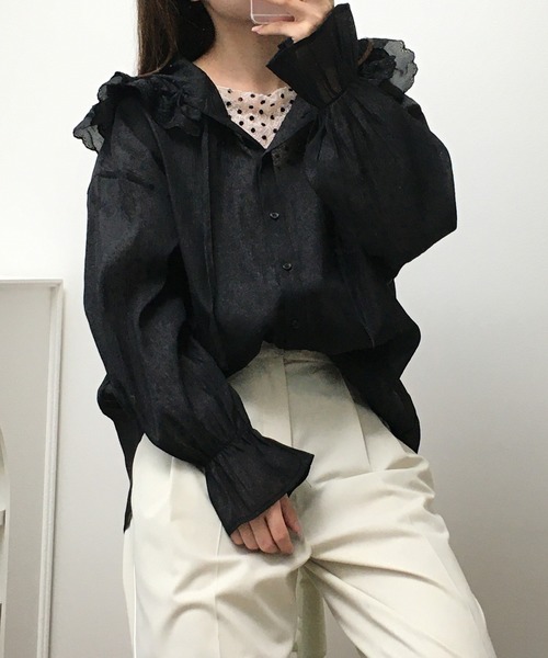 atONE(アットワン)の「オーガン刺繍フリルフードシャツ 長袖(シャツ/ブラウス・レディース・ブラック/オフホワイト・F)」の14枚目の写真