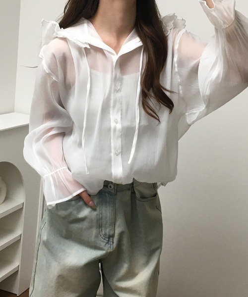 atONE(アットワン)の「オーガン刺繍フリルフードシャツ 長袖(シャツ/ブラウス・レディース・ブラック/オフホワイト・F)」の5枚目の写真
