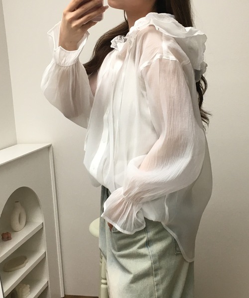 atONE(アットワン)の「オーガン刺繍フリルフードシャツ 長袖(シャツ/ブラウス・レディース・ブラック/オフホワイト・F)」の8枚目の写真