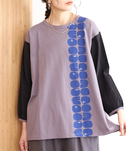 Emago(イマゴ)の「EMAGO 北欧プリント袖切替えT 8分袖(Tシャツ/カットソー・レディース・チャコールグレー/グリーン/アイボリー・FREE)」の2枚目の写真