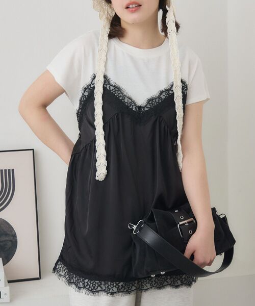 RETRO GIRL(レトロガール)の「サテンキャミドッキングTEE(Tシャツ/カットソー・レディース・ブラック/ナチュラル/グリーン・FREE)」の2枚目の写真