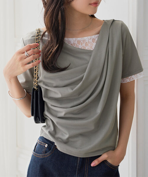 KOBE LETTUCE(コウベレタス)の「レースドッキングドレープトップス(Tシャツ/カットソー・レディース・チャコールグレー/ミント/オフホワイト/ブラック・M)」の4枚目の写真
